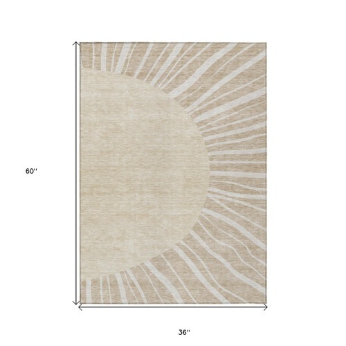 3' X 5' Beige And Khaki Abstract Washable Indoor Outdoor Area Rug