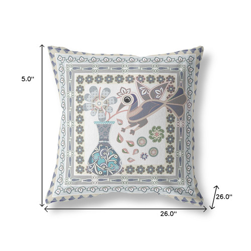 26" x 26" Gray Peacock Blown Seam Floral Indoor Outdoor Throw Pillow Decor