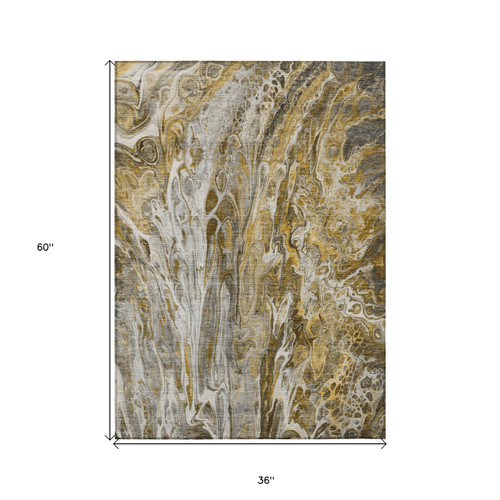 3' X 5' Brown Taupe And Gold Abstract Washable Indoor Outdoor Area Rug