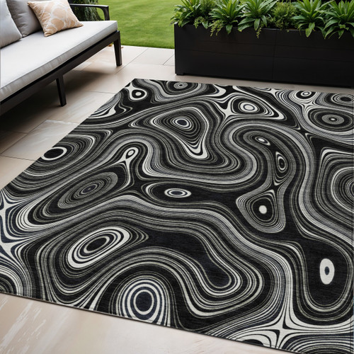 5' X 8' Black And Ivory Geometric Washable Indoor Outdoor Area Rug - Black, Ivory