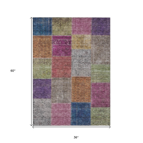 3' X 5' Copper Navy Blue And Gold Patchwork Washable Indoor Outdoor Area Rug