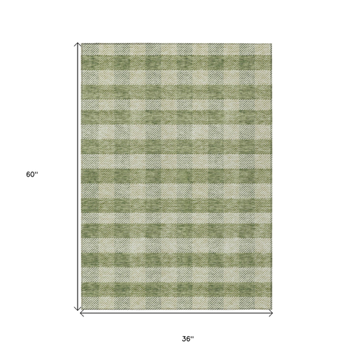 3' X 5' Green And Light Green Plaid Washable Indoor Outdoor Area Rug