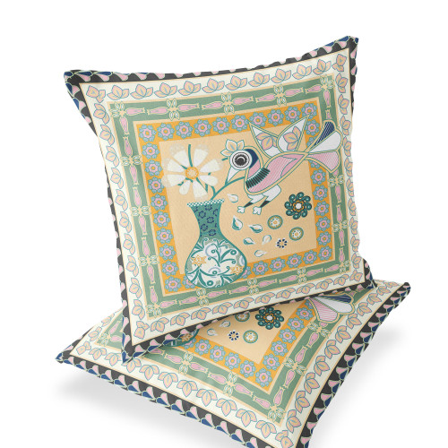 Set of Two 16" X 16" Beige and Green Peacock Blown Seam Floral Indoor Outdoor Throw Pillow Polyester Modern Style