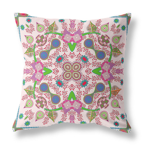 16" X 16" Pink and Green Blown Seam Paisley Indoor Outdoor Throw Pillow