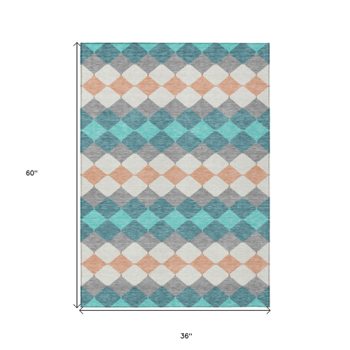 3' X 5' Teal Blue Gray And Copper Geometric Washable Indoor Outdoor Area Rug