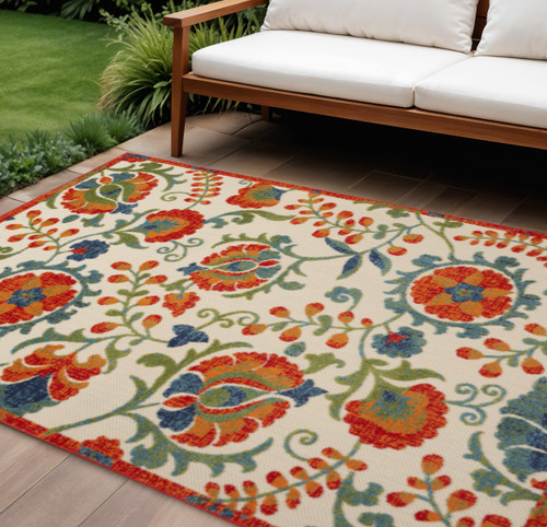 12' X 15' Ivory Green Orange Blue And Red Floral Indoor Outdoor Area Rug