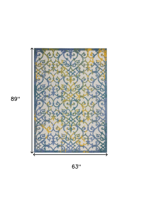 5' X 8' Ivory Blue And Yellow Trellis Indoor Outdoor Area Rug