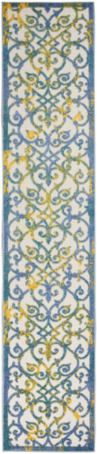2' X 10' Ivory And Blue Damask Non Skid Indoor Outdoor Runner Rug