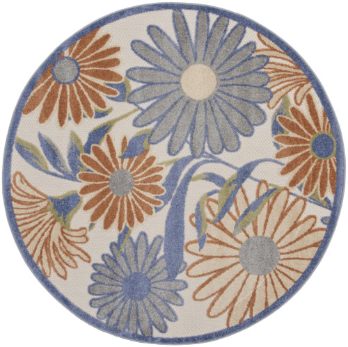8' Beige Round Floral Indoor Outdoor Area Rug - Beige