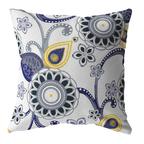20” Navy White Floral Indoor Outdoor Throw Pillow