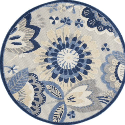 5' Blue And Gray Round Floral Indoor Outdoor Area Rug - Blue, Gray