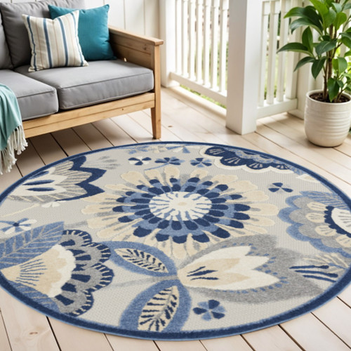 5' Blue And Gray Round Floral Indoor Outdoor Area Rug