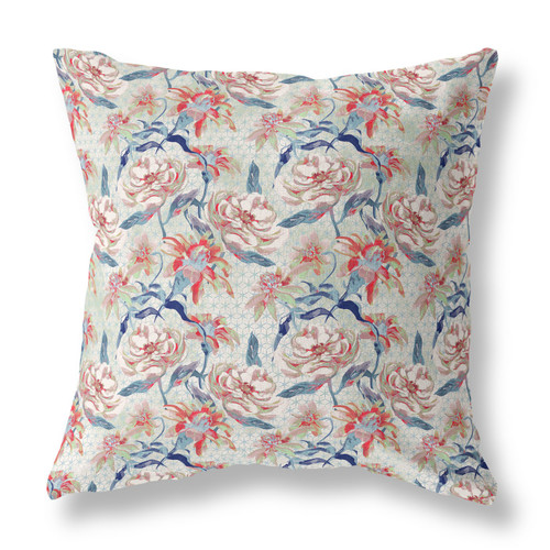 20” Red Indigo Roses Indoor Outdoor Throw Pillow