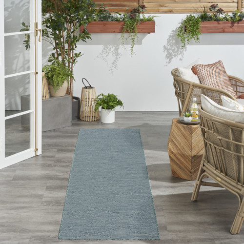 8' Aqua And Ivory Geometric Indoor Outdoor Runner Rug