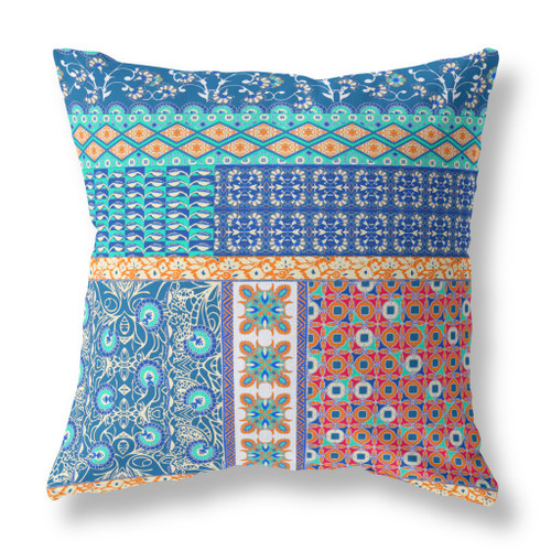 26" X 26" Blue And Orange Zippered Patchwork Indoor Outdoor Throw Pillow Cover & Insert