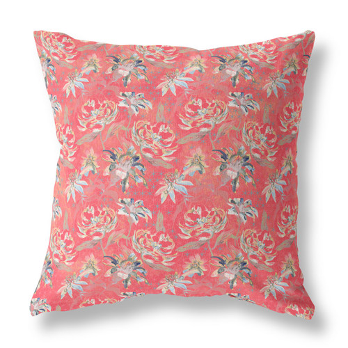 20” Salmon Red Roses Indoor Outdoor Throw Pillow
