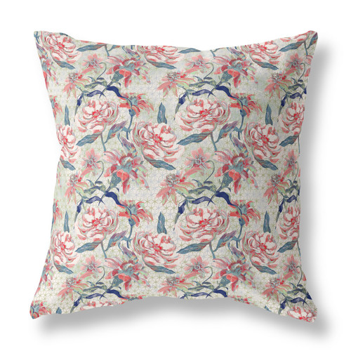 26” Red Pale Green Roses Indoor Outdoor Throw Pillow