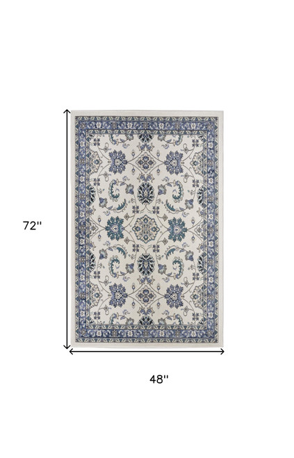 4' X 6' Ivory And Blue Floral Indoor Outdoor Area Rug
