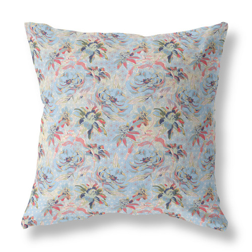 20” Light Blue Red Roses Indoor Outdoor Throw Pillow
