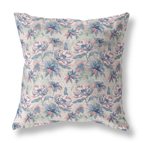 26” Blue Pink Roses Indoor Outdoor Throw Pillow