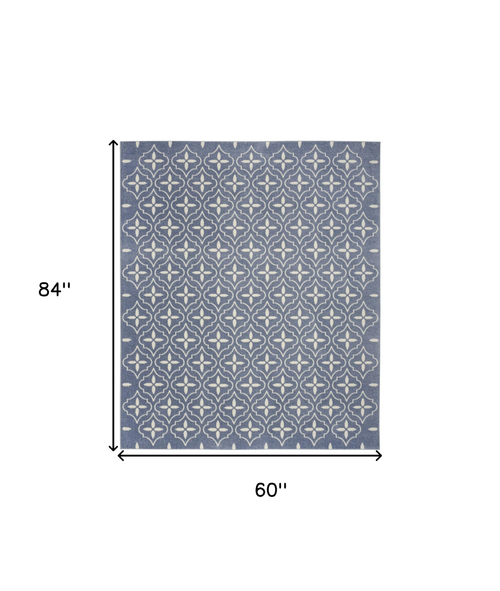5' X 7' Blue And Ivory Geometric Indoor Outdoor Area Rug