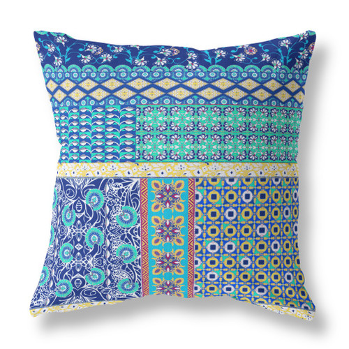 18” Navy Blue Yellow Patch Indoor Outdoor Throw Pillow