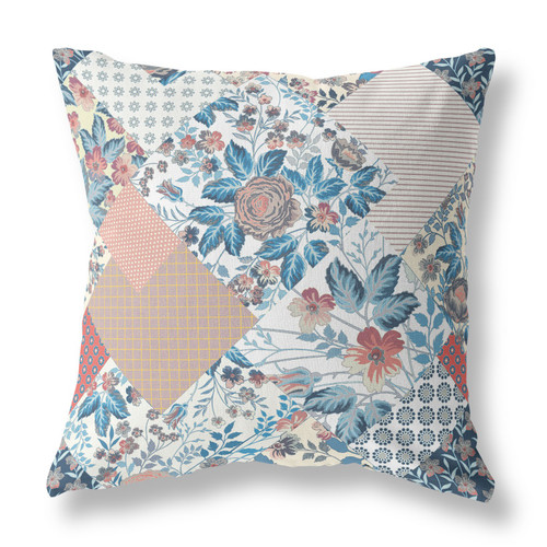 20" White Blue Floral Indoor Outdoor Throw Pillow