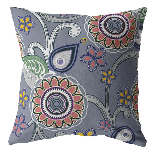 26” Gray Pink Floral Indoor Outdoor Throw Pillow