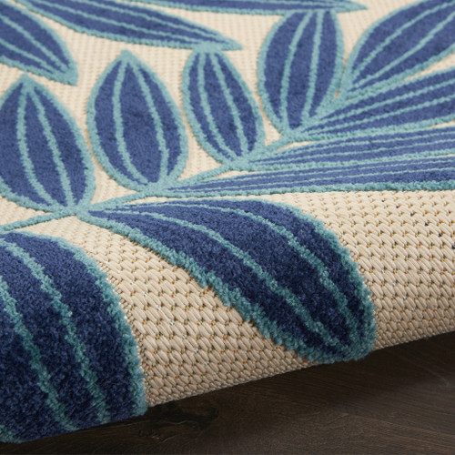 7' X 10' Navy Blue And Beige Botanical Leaves Indoor Outdoor Area Rug
