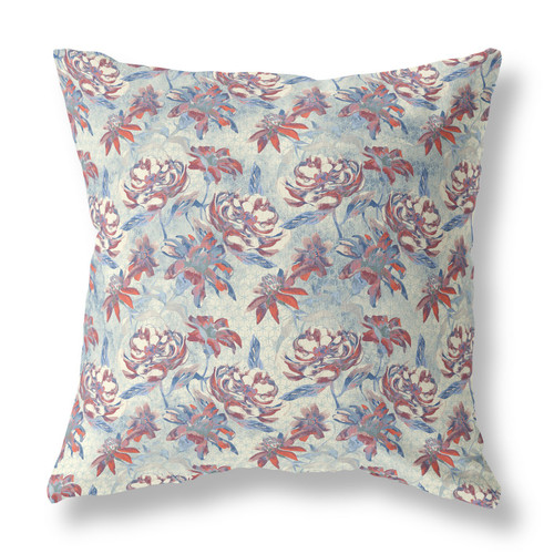 20” Red Blue Roses Indoor Outdoor Throw Pillow