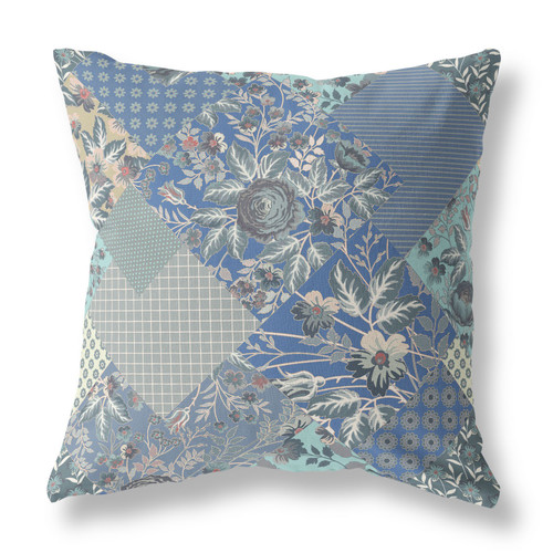 26" Gray Blue Boho Floral Indoor Outdoor Throw Pillow