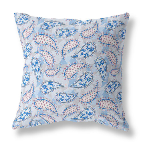 20” Blue Gray Boho Paisley Indoor Outdoor Throw Pillow
