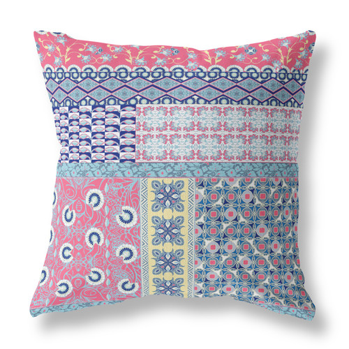 20" X 20" Pink Zippered Patchwork Indoor Outdoor Throw Pillow Cover & Insert