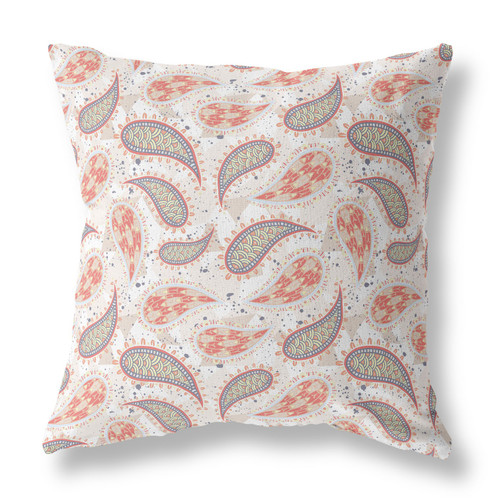 26” Red Beige Boho Paisley Indoor Outdoor Throw Pillow