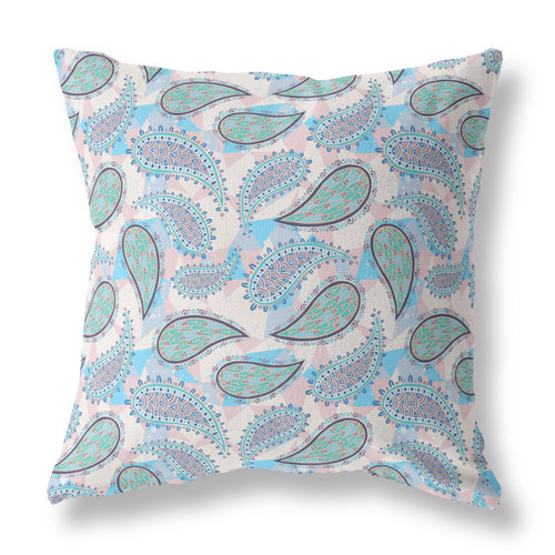 26” Blue Green Boho Paisley Indoor Outdoor Throw Pillow
