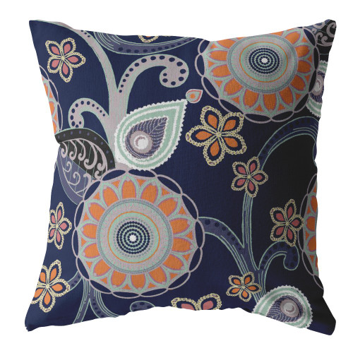 26” Indigo Orange Floral Indoor Outdoor Throw Pillow