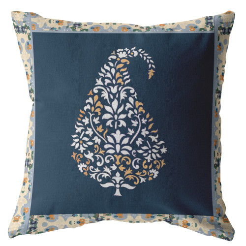 20” Orange Navy Paisley Indoor Outdoor Throw Pillow