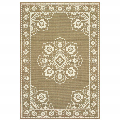 5' X 8' Tan Oriental Stain Resistant Indoor Outdoor Area Rug - Tan