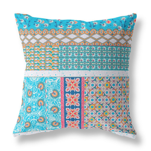 26" X 26" Turquoise Zippered Patchwork Indoor Outdoor Throw Pillow Cover & Insert