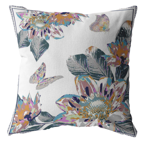 26” Pink White Butterfly Indoor Outdoor Throw Pillow