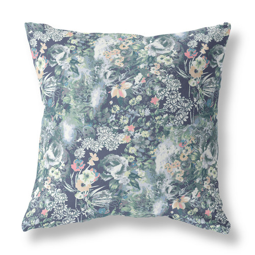 20" Gray Indigo Springtime Indoor Outdoor Throw Pillow
