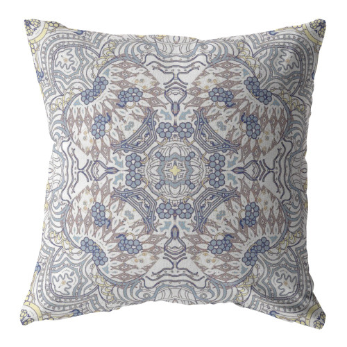 20” Yellow Gray Boho Ornate Indoor Outdoor Throw Pillow