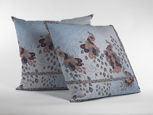 26” Blue Brown Boho Bird Indoor Outdoor Throw Pillow