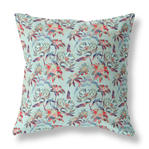20” Red Aqua Roses Indoor Outdoor Throw Pillow