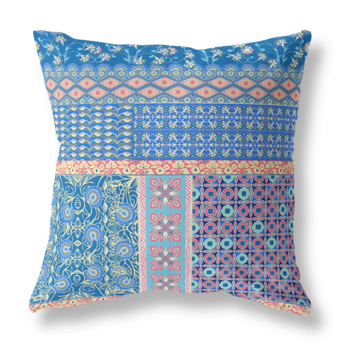 20" X 20" Blue And Yellow Zippered Patchwork Indoor Outdoor Throw Pillow Cover & Insert