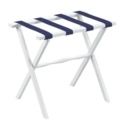 Hotel White Finish Wood Folding Luggage Rack With Navy Straps Solid Wood and Manufactured Wood