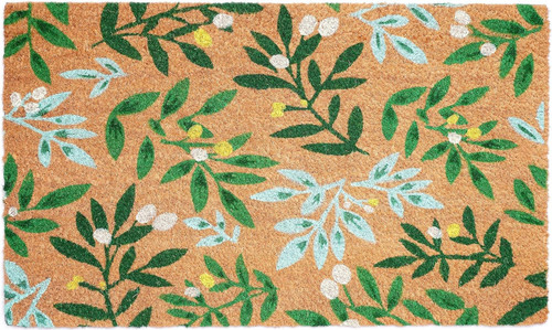 17" X 29" Natural and Green Coir Botanical Leaves Outdoor Door Mat