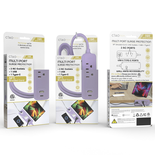 5 FT Extension Cord 2 Outlets + 1 USB + 1 Type C With Surge Protection
