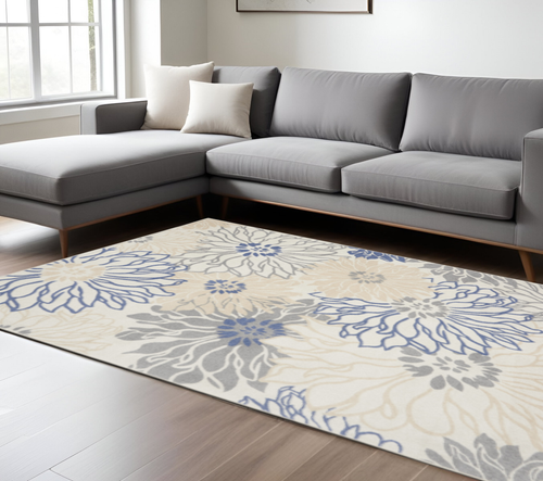 8' X 10' Ivory Gray And Blue Floral Area Rug