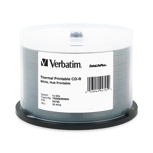 Verbatim CD-R, 94795, 700MB, 52X, White Thermal Printable, 50PK Spindle, TAA